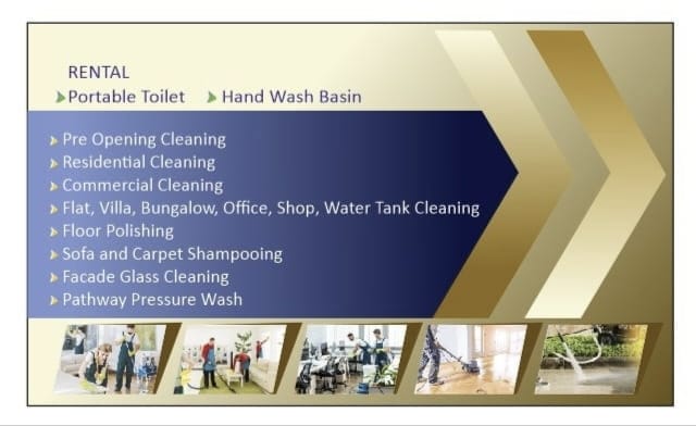 Service list banner: rental of portable toilets, residential and commercial cleaning, floor polishing, sofa shampooing, facade glass cleaning and pathway pressure wash